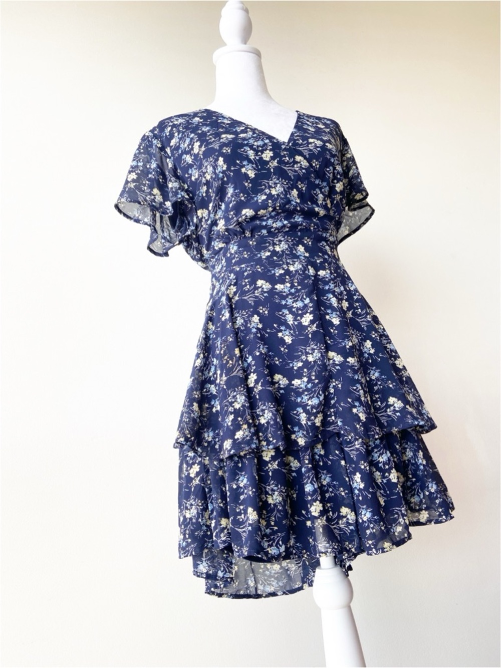 Navy Floral Wrap Mini Dress Size L - Picture 2 of 9